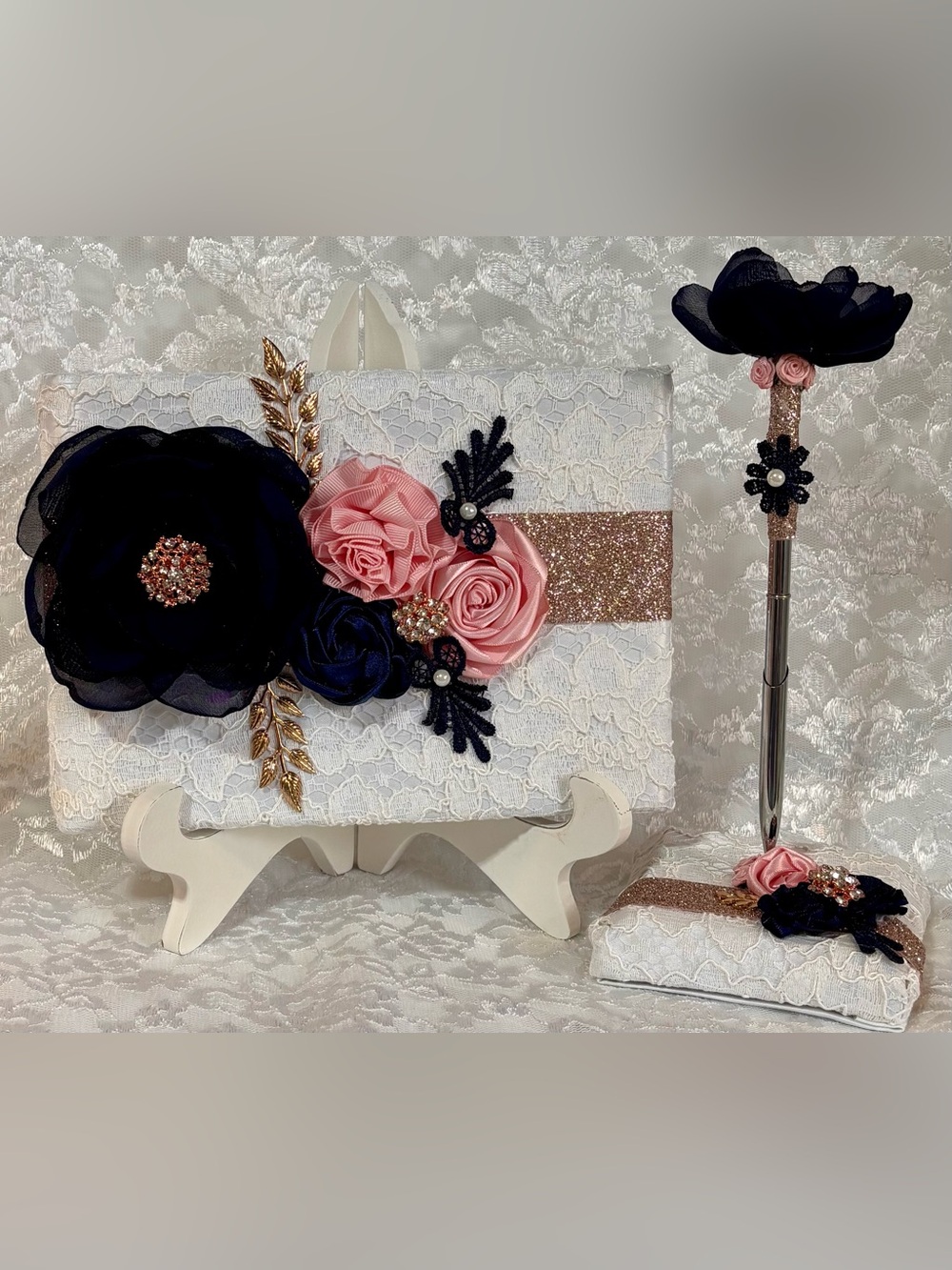 💕 Handmade Navy Blue, Pink and Rose Gold Guest Book and Pen Set
